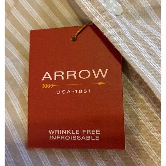 Arrow Dress Shirt Wrinkle-Free Mens 16 Large Tan Striped Long Sleeve Pocket - Picture 2 of 8
